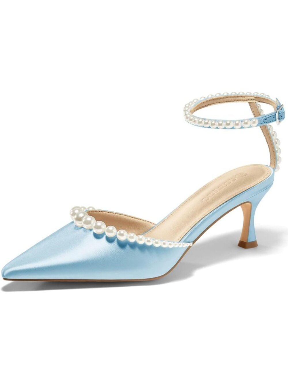 Women's Sky Blue Closed Pointed Toe Ankle Strap Satin Pearl Kitten Heels